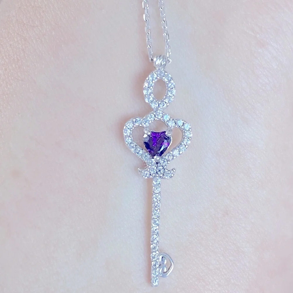 💜925 Silver key cubic zirconia necklace purple stone heart